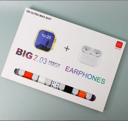 SE HUB i20 Ultra MAX Suit | 10 in 1 Set i20 Ultra MAX Suit SmartWatch + Aiirpods Pro with Transparent Watch Screen Guard with 7 Straps | HD Display | Bluetooth Calling | Sports Mode