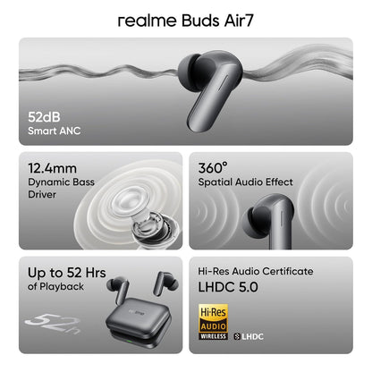 realme Earbuds Air 7 True Wireless,12.4mm Dynamic Bass Drivers,52Hrs Playtime,52dB Hybrid ANC,6 Mic ENC,45ms Low Latency,360° Spatial Audio,Hi-Res LHDC,IP55 Dust & Water Resistant,BT v5.4(SlateGrey)