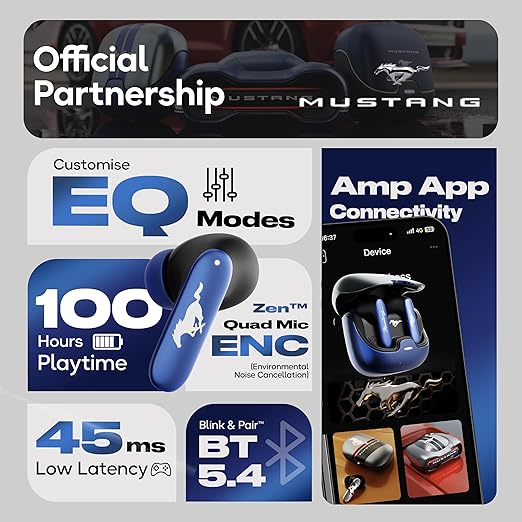 GOBOULT x Mustang Dash Truly Wireless in Ear Earbuds with 100H Playtime, App Support, Dual Device Pairing, 4 Clear Calling ENC Mics, 45ms Low Latency, Made in India, IPX5 Ear Buds TWS Bluetooth 5.4