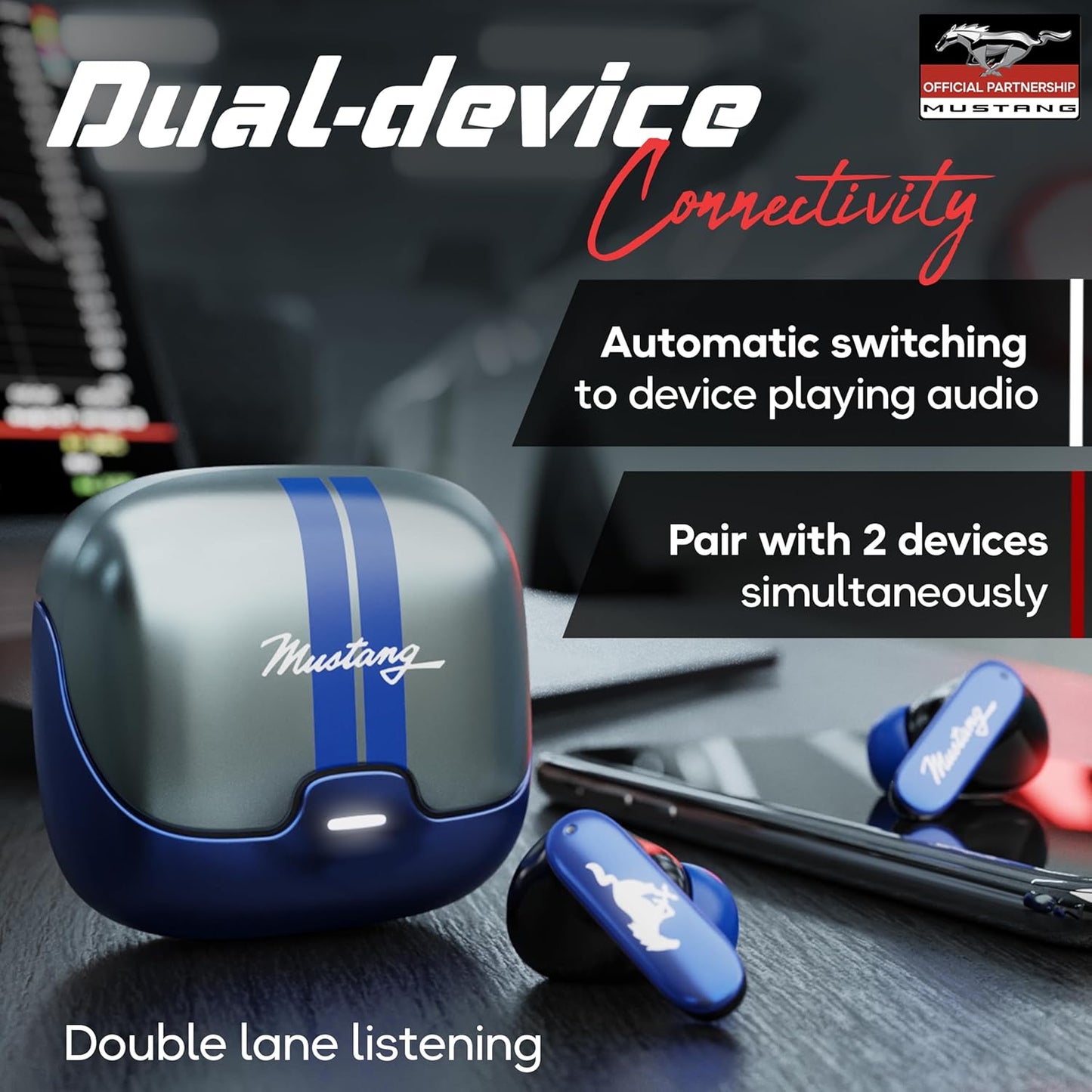 GOBOULT x Mustang Dash Truly Wireless in Ear Earbuds with 100H Playtime, App Support, Dual Device Pairing, 4 Clear Calling ENC Mics, 45ms Low Latency, Made in India, IPX5 Ear Buds TWS Bluetooth 5.4
