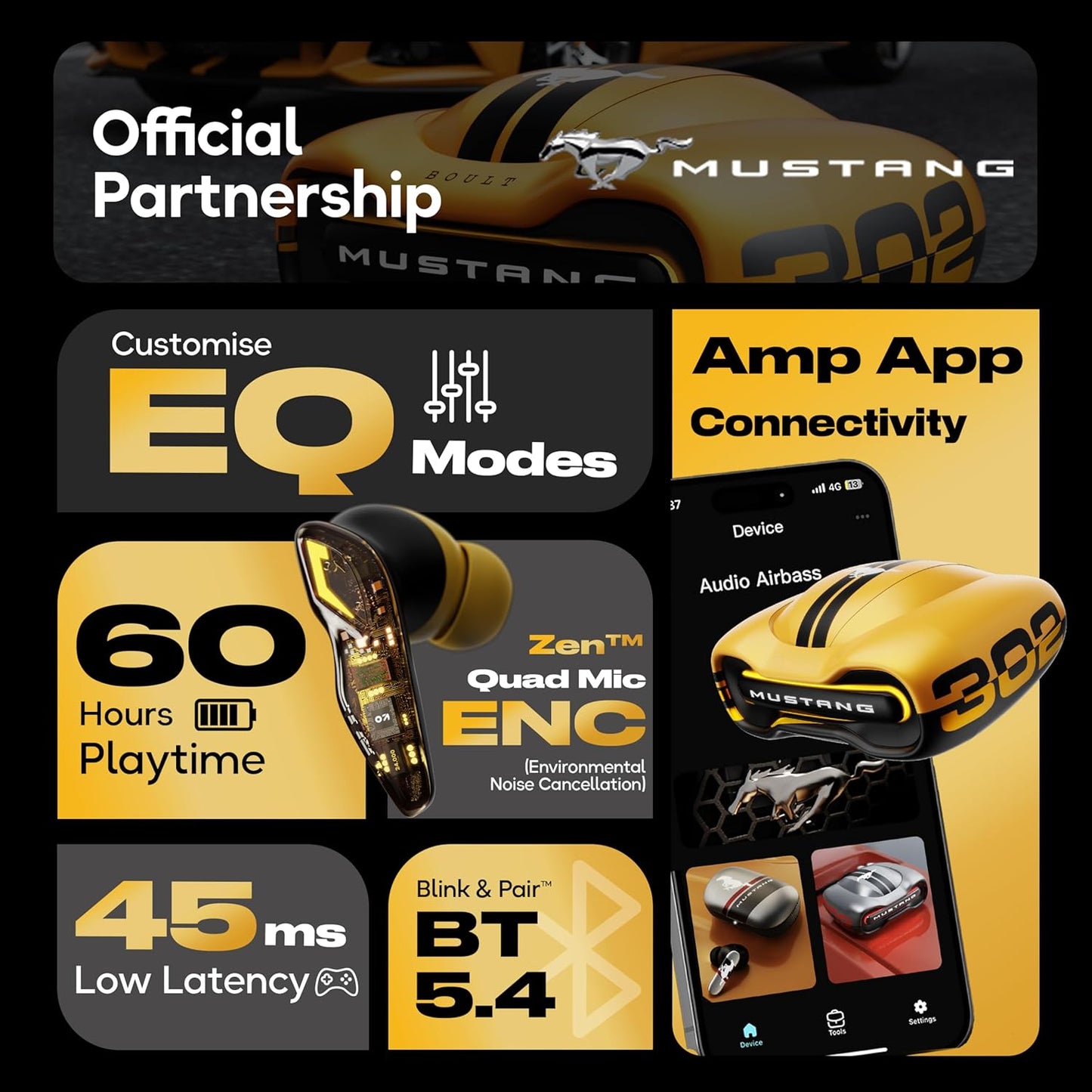 GOBOULT Mustang Torq Wireless in Ear Earbuds with 60H Playtime, App Support, Quad Mic ENC, 45ms Low Latency, 13mm Driver, Breathing LEDs,Touch Controls, Made in India, IPX5, Ear buds Wireless (Yellow)