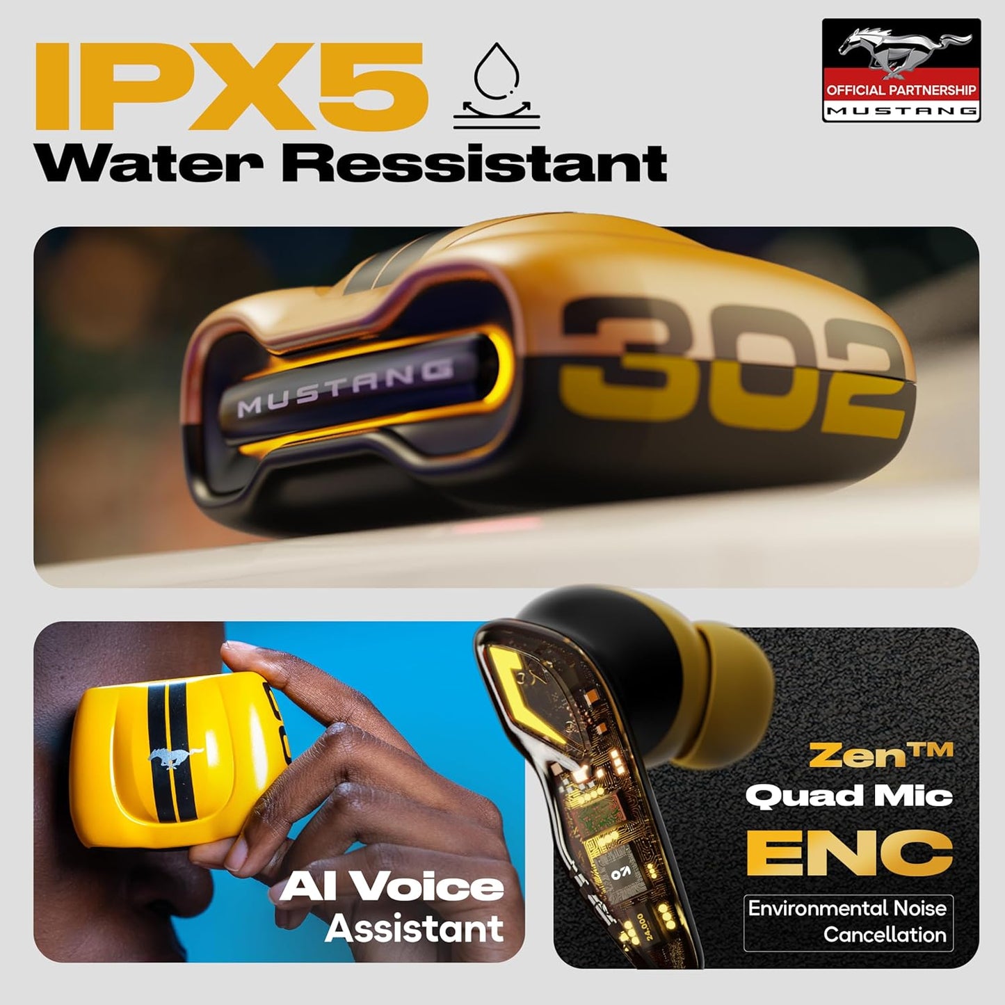 GOBOULT Mustang Torq Wireless in Ear Earbuds with 60H Playtime, App Support, Quad Mic ENC, 45ms Low Latency, 13mm Driver, Breathing LEDs,Touch Controls, Made in India, IPX5, Ear buds Wireless (Yellow)