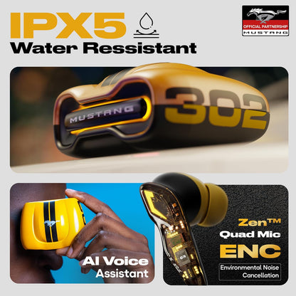 GOBOULT Mustang Torq Wireless in Ear Earbuds with 60H Playtime, App Support, Quad Mic ENC, 45ms Low Latency, 13mm Driver, Breathing LEDs,Touch Controls, Made in India, IPX5, Ear buds Wireless (Yellow)