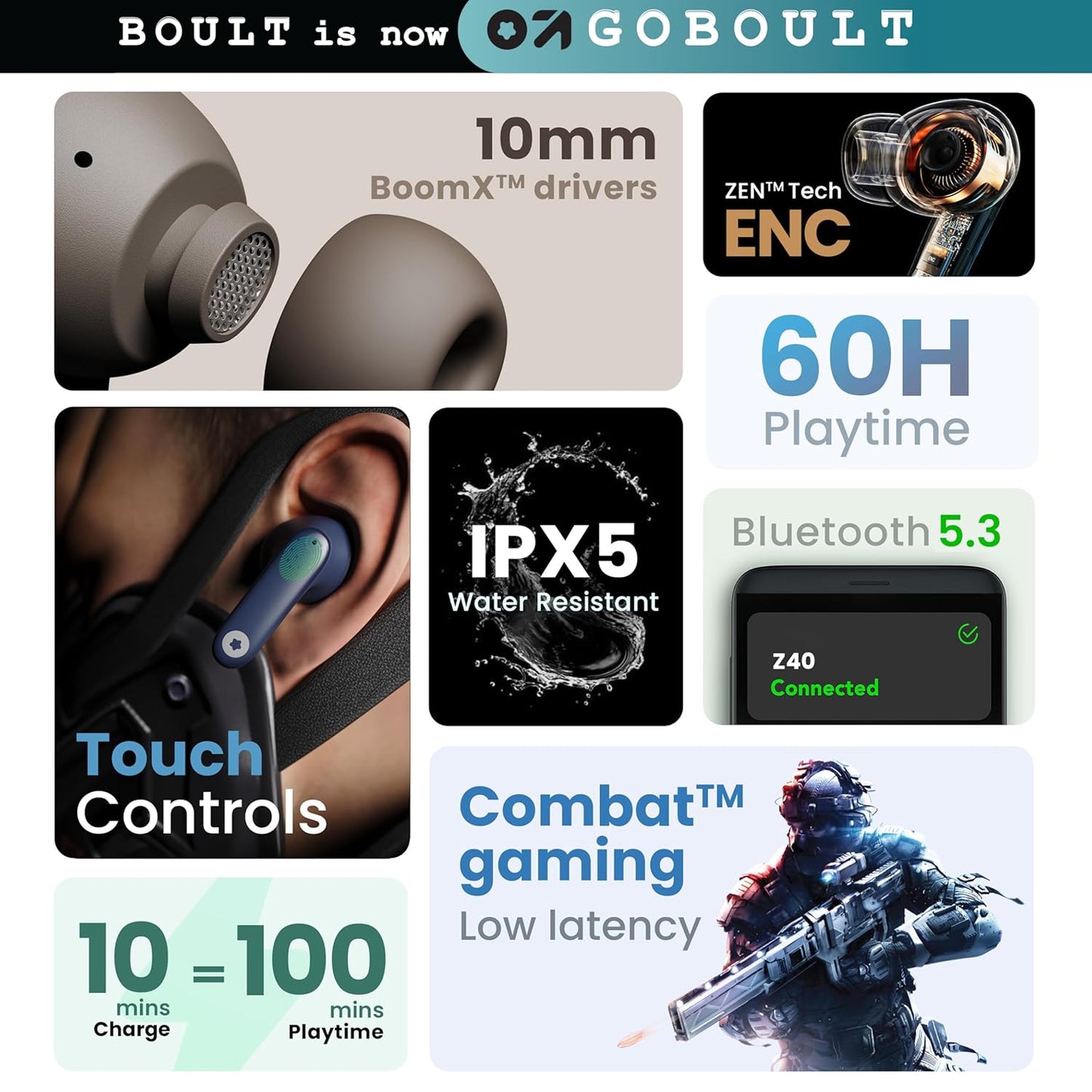 GOBOULT Z40 True Wireless in Ear Earbuds with 60H Playtime, Zen™ ENC Mic, Low Latency Gaming, Type-C Fast Charging, Made in India, 10mm Rich Bass Drivers, IPX5, Ear Buds TWS (White)