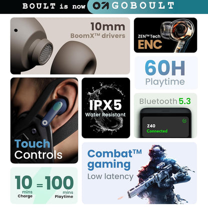 GOBOULT Z40 True Wireless in Ear Earbuds with 60H Playtime, Zen™ ENC Mic, Low Latency Gaming, Type-C Fast Charging, Made in India, 10mm Rich Bass Drivers, IPX5, Ear Buds TWS (White)