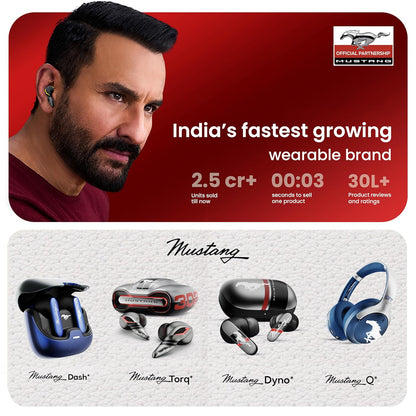 GOBOULT x Mustang Dash Truly Wireless in Ear Earbuds with 100H Playtime, App Support, Dual Device Pairing, 4 Clear Calling ENC Mics, 45ms Low Latency, Made in India, IPX5 Ear Buds TWS Bluetooth 5.4