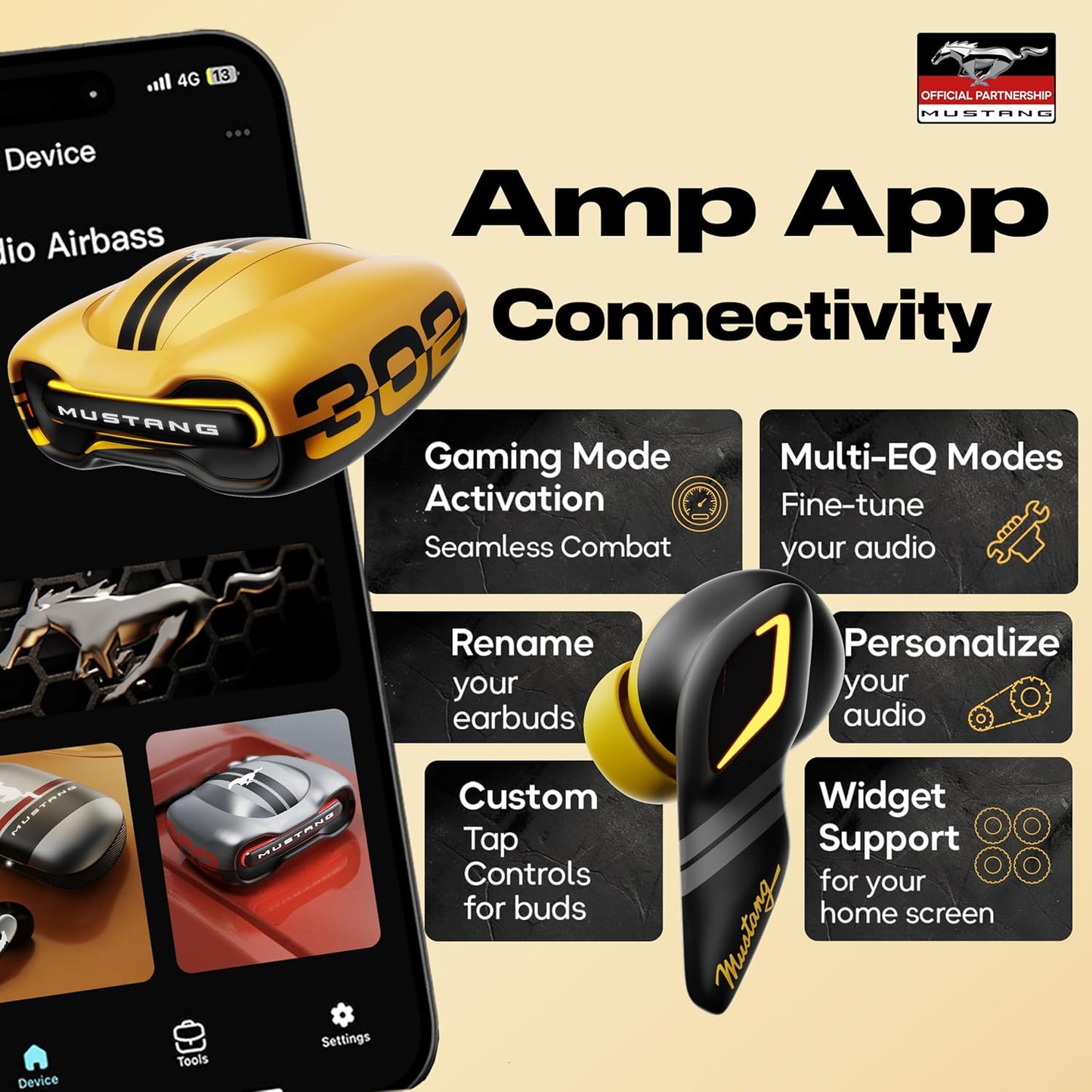 GOBOULT Mustang Torq Wireless in Ear Earbuds with 60H Playtime, App Support, Quad Mic ENC, 45ms Low Latency, 13mm Driver, Breathing LEDs,Touch Controls, Made in India, IPX5, Ear buds Wireless (Yellow)